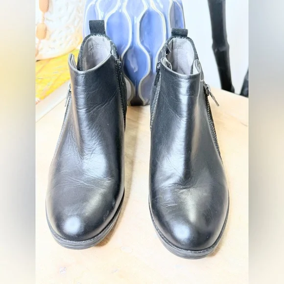 Earth Black Leather Ankle Boots 6.5M Side Zip Comfort Block Heel - Picture 7 of 11